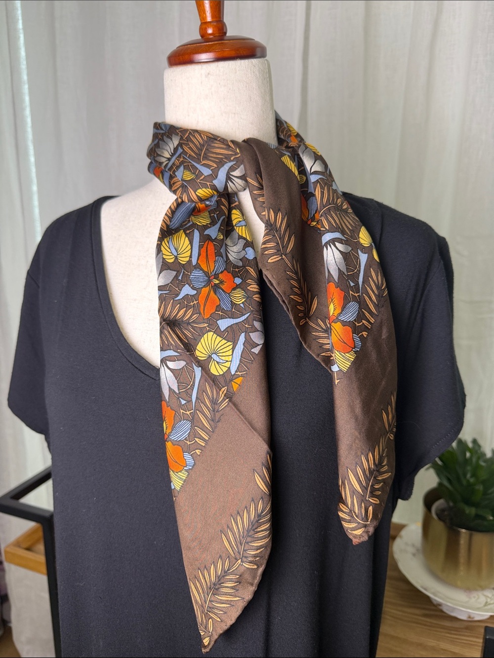 Vintage 80’s Diane Von Furstenberg Brown Floral Silk Scarf